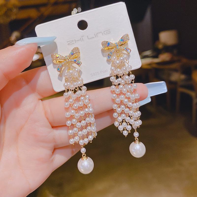 S925 Sterling Silver Korean Style Zircon Bow & Pearl Long Tassel Earrings for Women - Light Luxury Fairy Design
