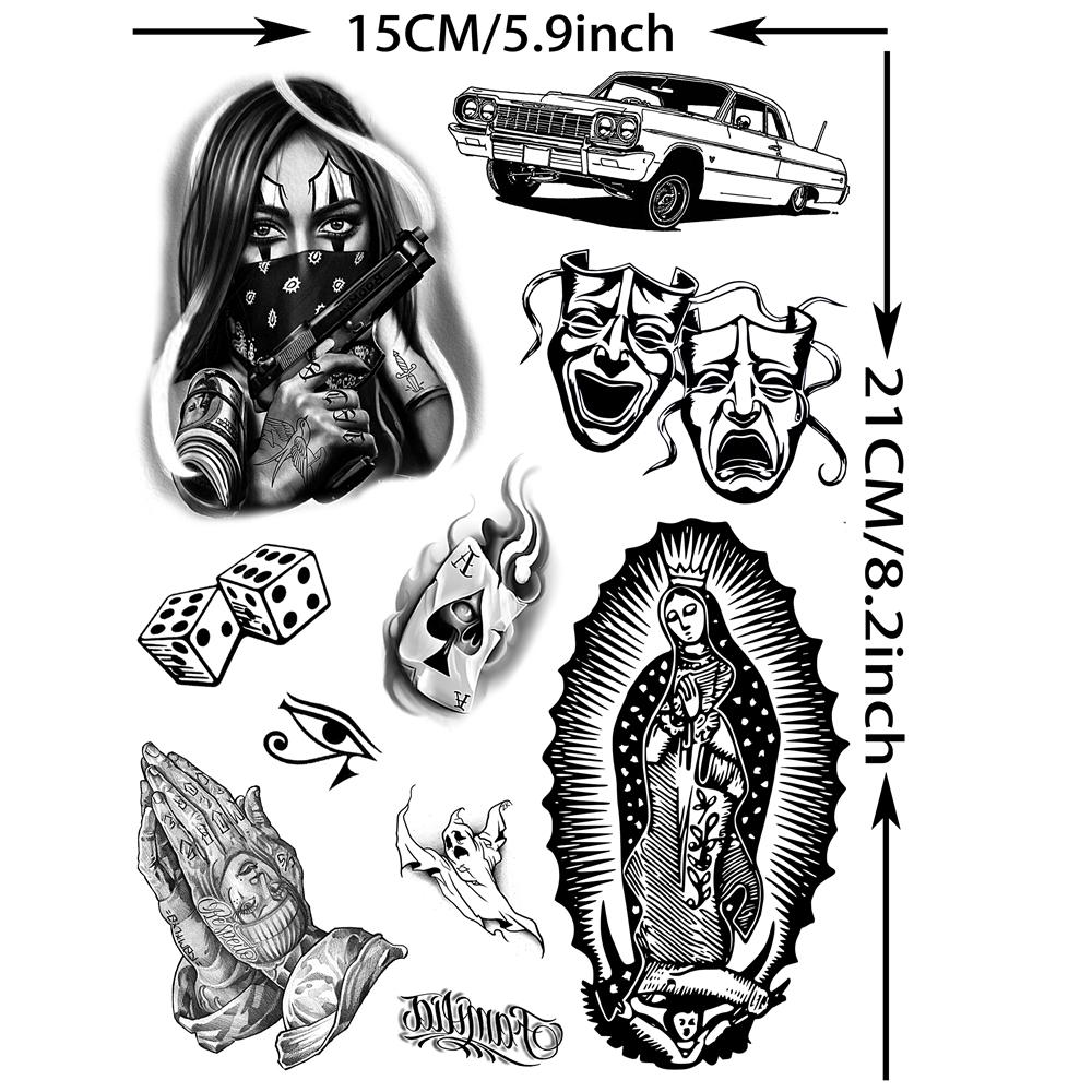 

6 Sheets Chicano Temporary Tattoos For Men Women Adult, Chicana Guadalupe Gangster Fake Tattoos Halloween Day of the Dead Mexico