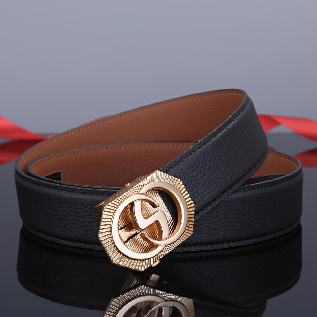 Men's Double-Sided Genuine Leather Belt with Automatic Buckle - Casual, Versatile Waistband