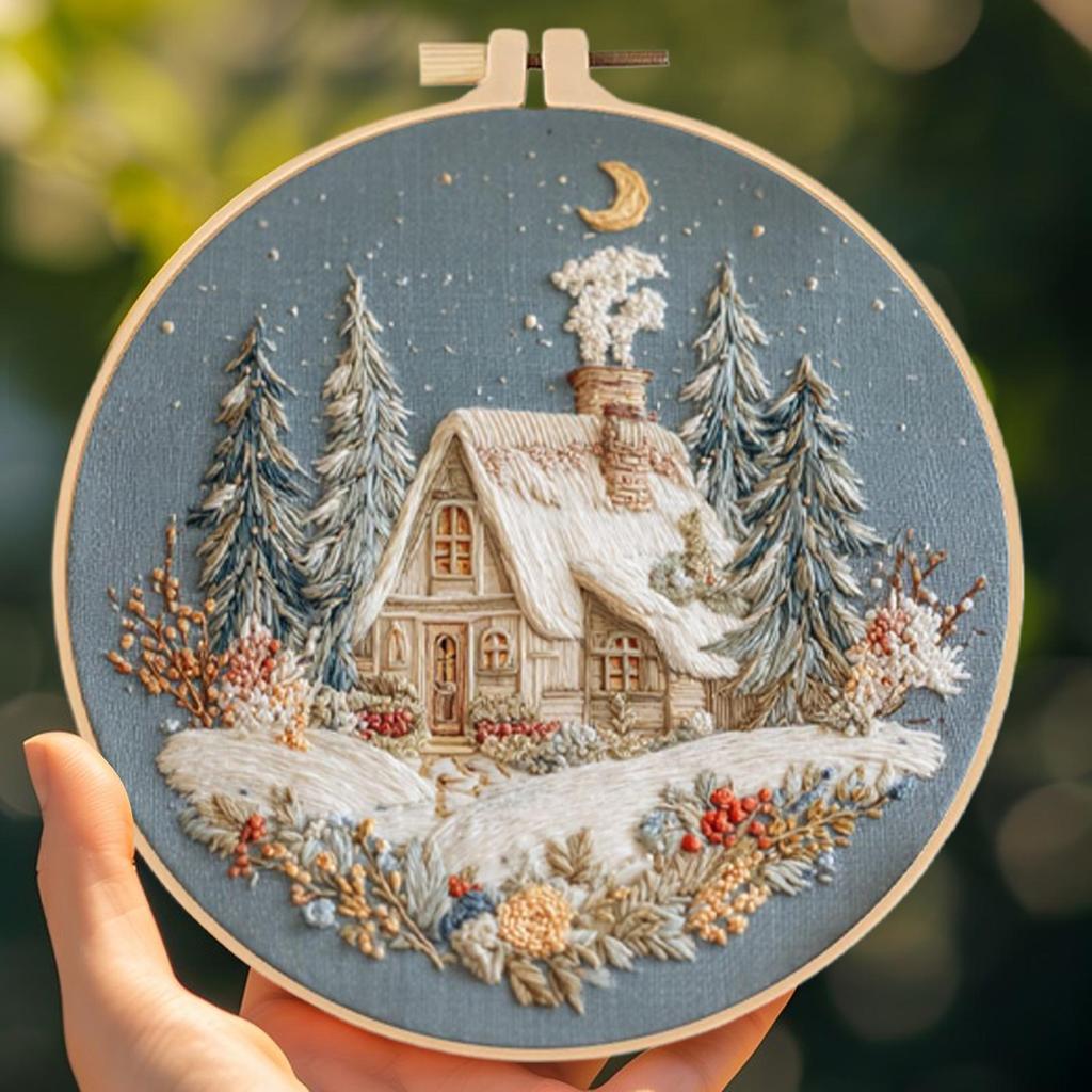 DIY Christmas Snow House Embroidery Kit Christmas Theme Pattern Embroidery Kit Winter Holiday Decoration Crafting Accessories