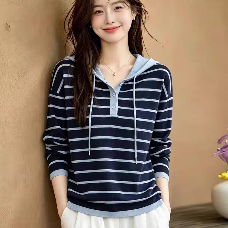 ZOSOUL Women's Striped Hooded Knit Sweater