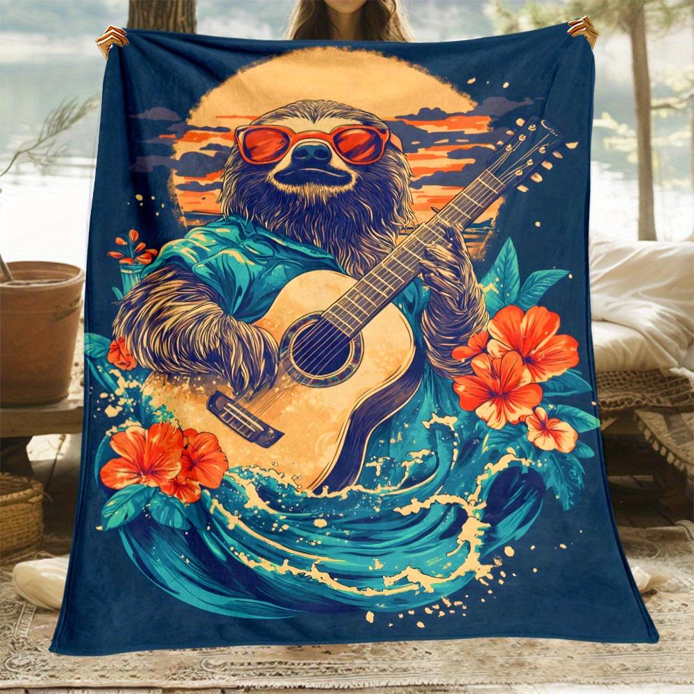 Sloth playing guitar tropical sunset flowers blue ocean waves music animal art blanket soft cozy beach style throw 75X95CM