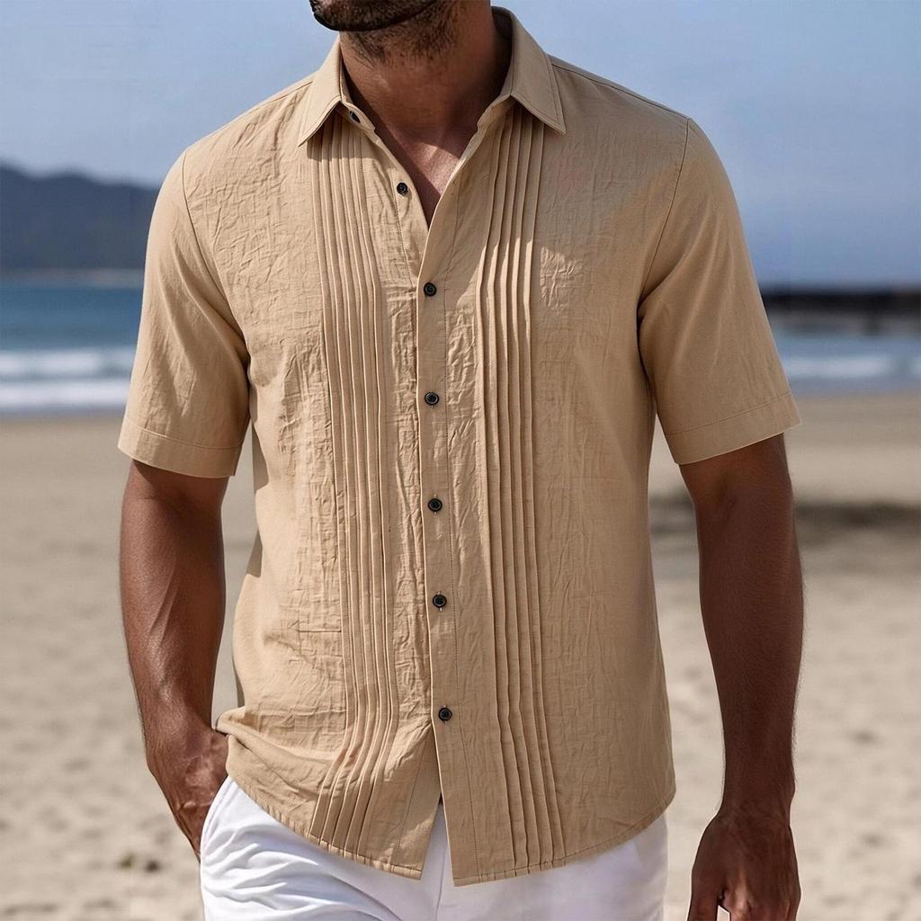 Men's Linen Shirt Short Sleeve Button Front Pleated Casual Summer