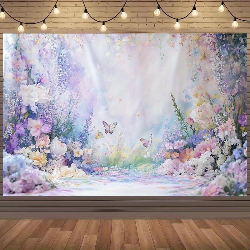 2D flat banner 1PC, 1 magical garden scene background with flowers and butterflies