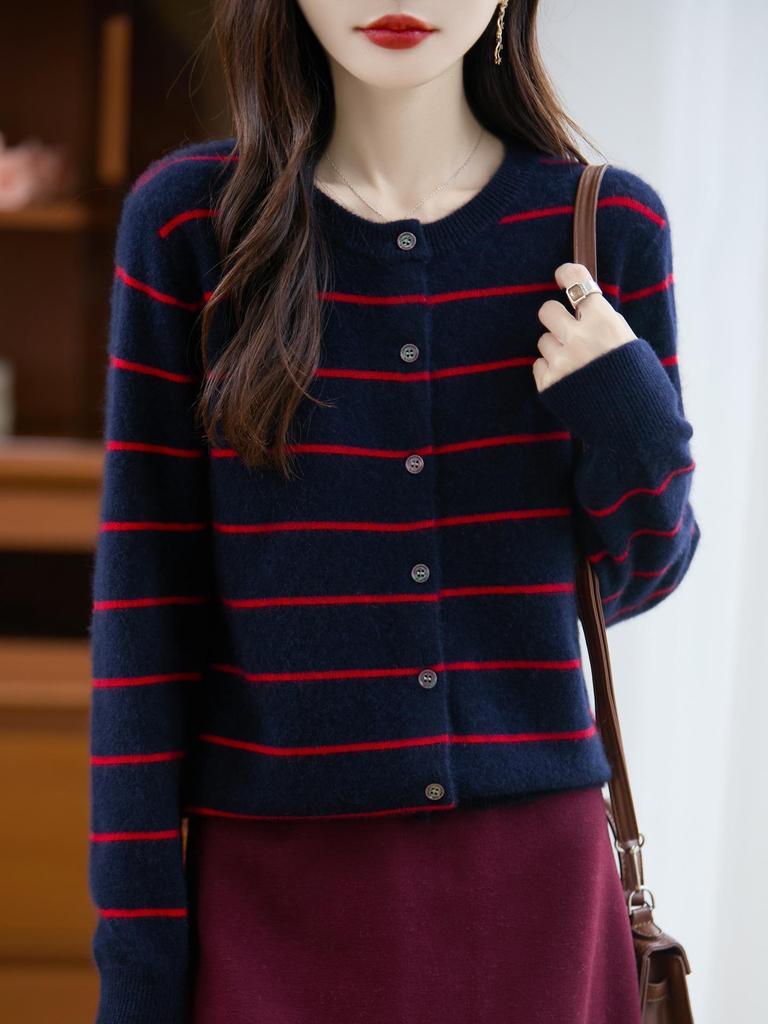 100% Pure Wool Women's Color Block Striped Buttoned Cardigan for 2025 Autumn/Winter
