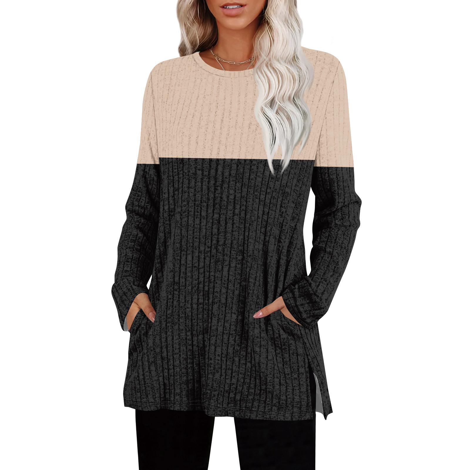 

Женские свитера с круглым вырезом, рубашки с длинным рукавом и карманами, осенние наряды, модная зимняя одежда, боковой разрез M чёрный