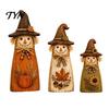 Vintage Farmhouse Fall Accents 3Pcs Rustic Wooden Halloween Cat Tabletop Decor, Black Figurine Moon Star Pumpkin Art with Witch Hat,