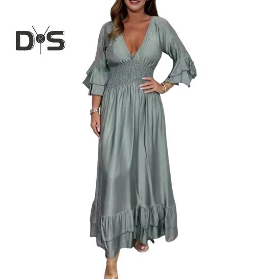 Lady Evening Dress V Neck Slim Waist Ruffle Cuffs Satin Pleated Layered Hem A-line Maxi Dress Long Sleeve Wedding Party Banquet Dress