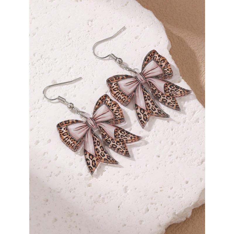 Fashionable Leopard Print Bow Acrylic Flat 2D Earrings, Versatile For Daily Wear And Party Accessories