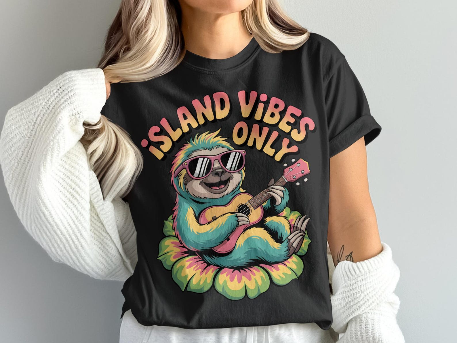 Island Vibes Sloth T-Shirt, Ukulele Player Tee, Summer Vacation Shirt, Tropical T Shirt, Funny Sloth Shirt, Relaxed Sloth Gift L