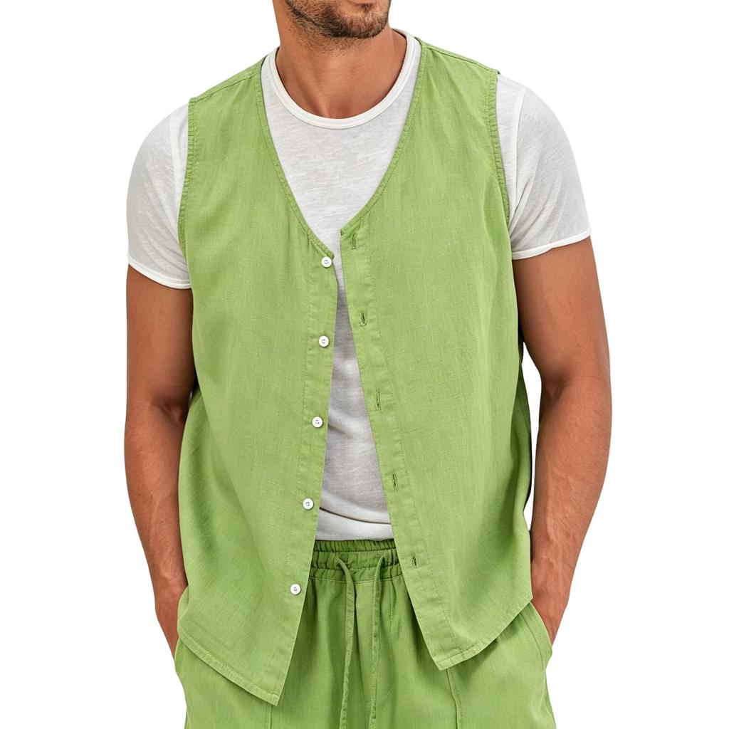 Men's Lightweight Button Front Linen Vest Sleeveless Casual Summer Shirt Non-Iron Breathable Fabric Relaxed Fit