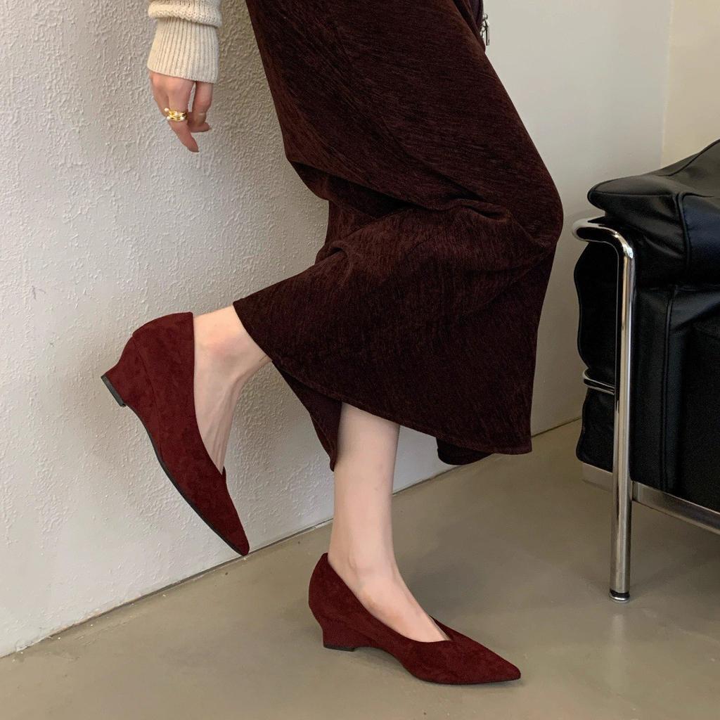 Autumn suede pointed wedge heel medium heel single shoes soft sole light mouth versatile high heel ladle shoes women's shoes suede