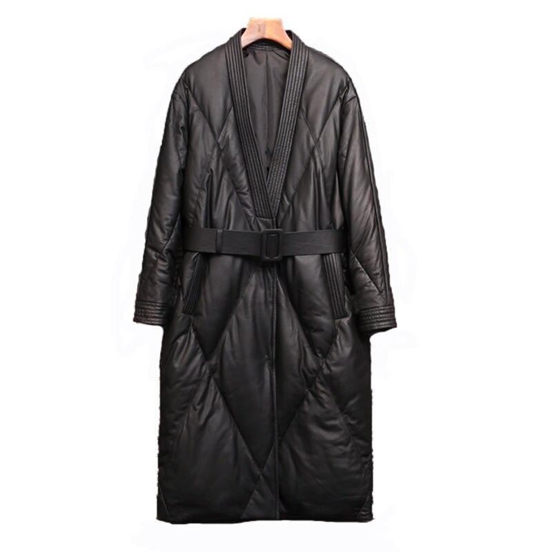 Black PU Leather Women Coats Winter Warm Long Oversized Jackets V-neck Lace Up Belt Female Outerwear