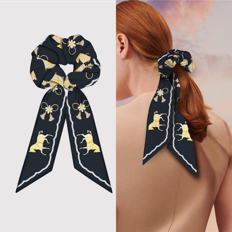 Girl Hair Silk Scarf Lady Elastic Scrunchies Ties Band Accessories Luxury Design Horse Print Ponytail Hairstyle Hairbands Ribbon
