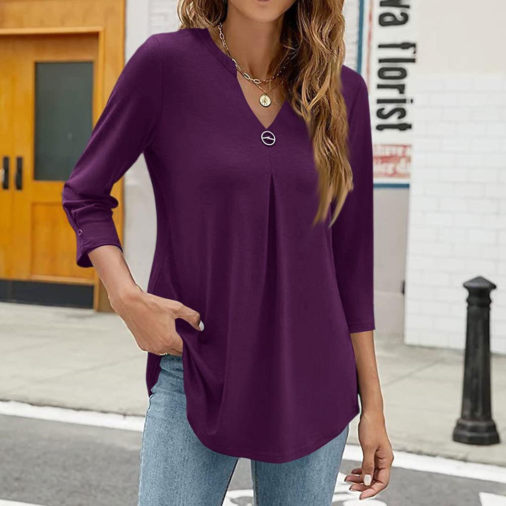 Damen Kragen V-Ausschnitt 3/4 Ärmel Hemden Business Casual Oberteile Locker Arbeit Blusen