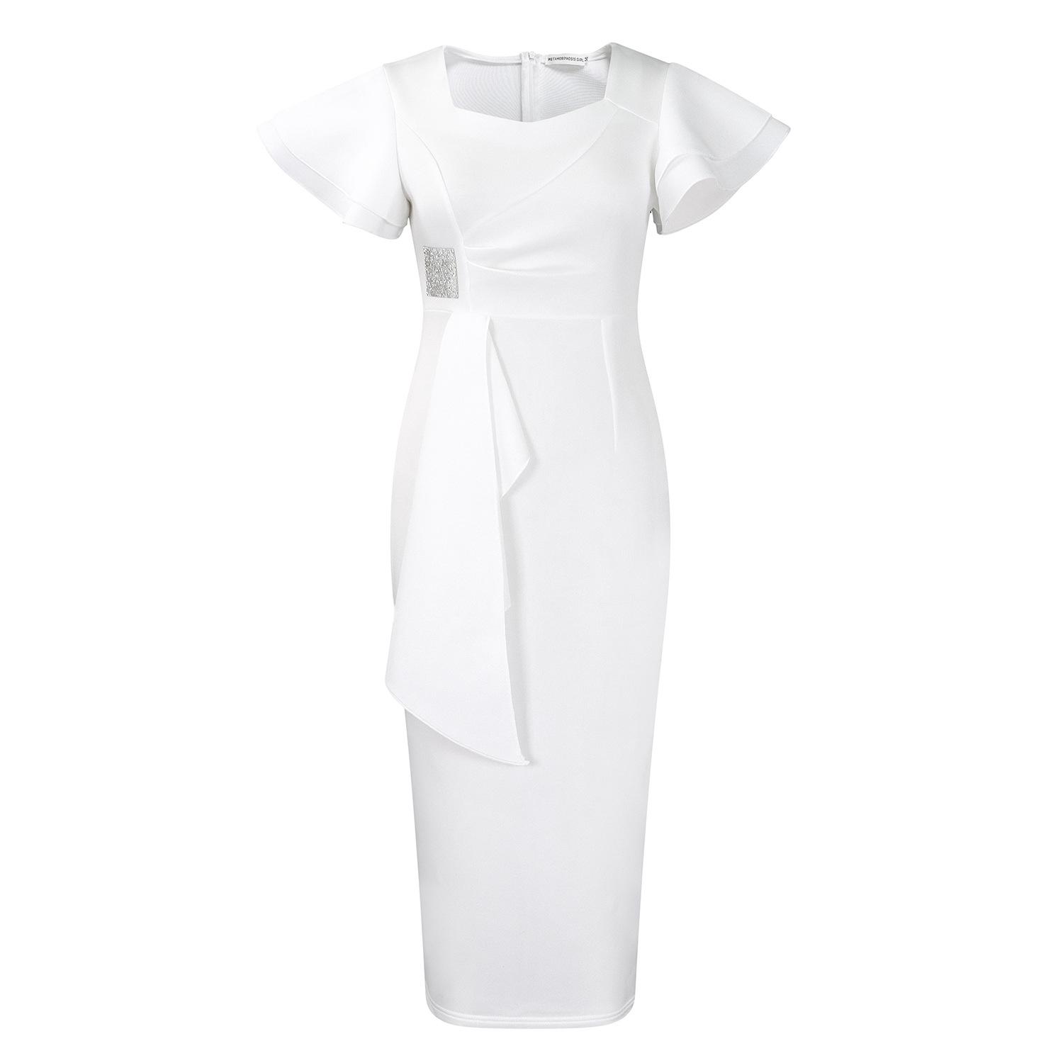 Women Solid Color Ruffled V Neck Short Sleeve High Waist Bodycon Midi Dress S белый