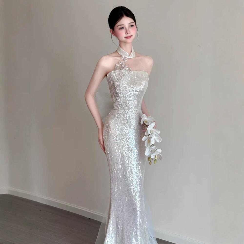 Fishtail Toast Dress Bride Sequined Banquet Neck Evening Dress Engagement Light Luxury Niche Going Out Yarn Welcome Dress Skirt