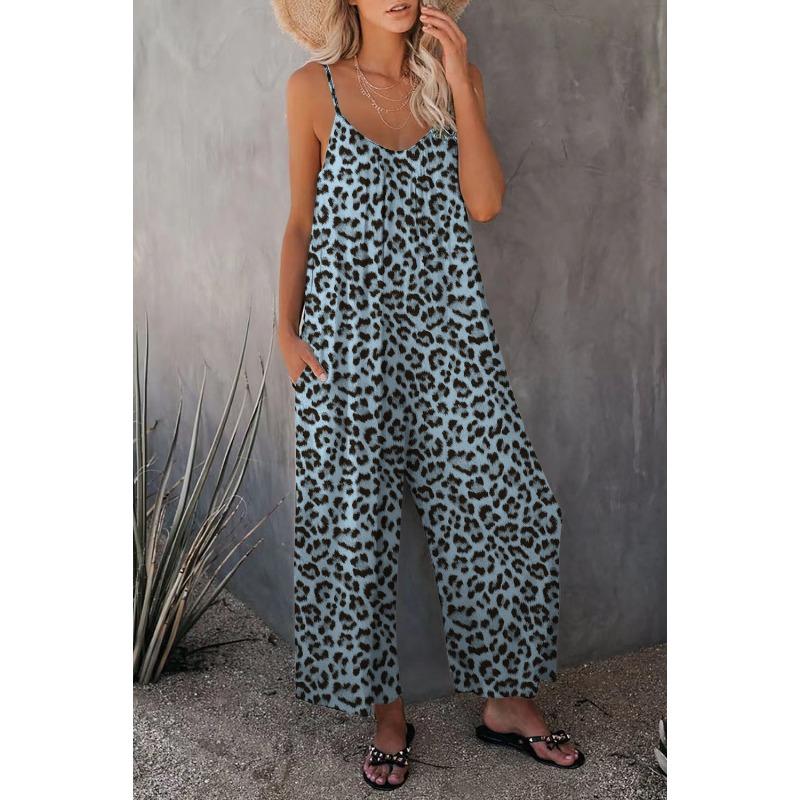 Women Summer Casual Sleeveless Leopard Print Loose Strap One Piece Long Jumpsuit