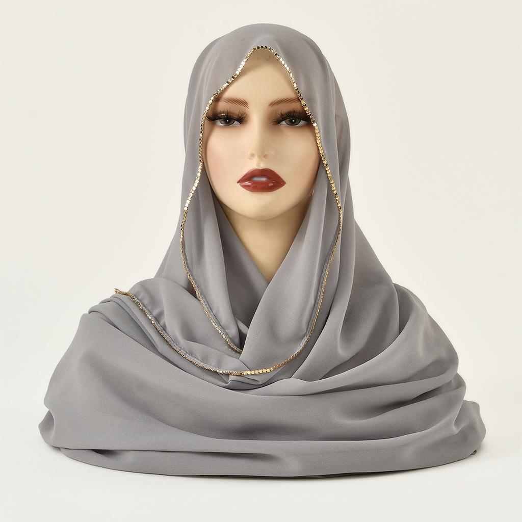 Muslim Chiffon Hijab Women Glitter Chain Edge Premium Chiffon Scarf Solid Color Plain Shawl Unique Edge Design Headscarf Wraps