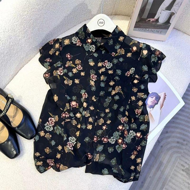 

Womens Floral Print Chiffon Blouse Vintage Ruffle Sleeveless Button Up Shirt M жёлтый