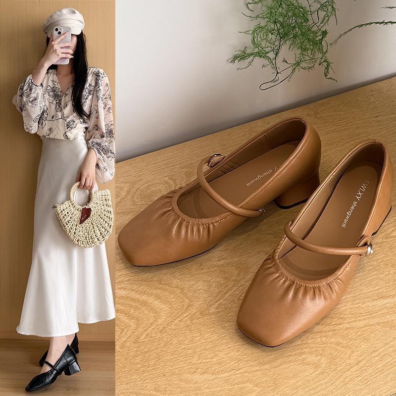 Lovely Pumps for Women Slip On Square Mid Heels Square Toe Shoes for Women Solid Leather Square Buckle Mary Jane Shoes Woman