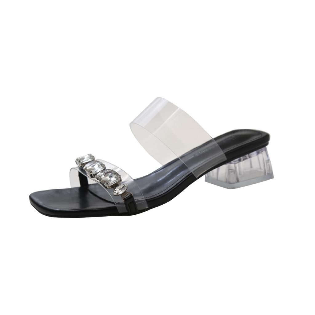 Fairy Feng Shui Diamond Slippers Female Summer Wear Fashion High Sense Transparent Word with Medium Heel Thick Heel Crystal Sandals