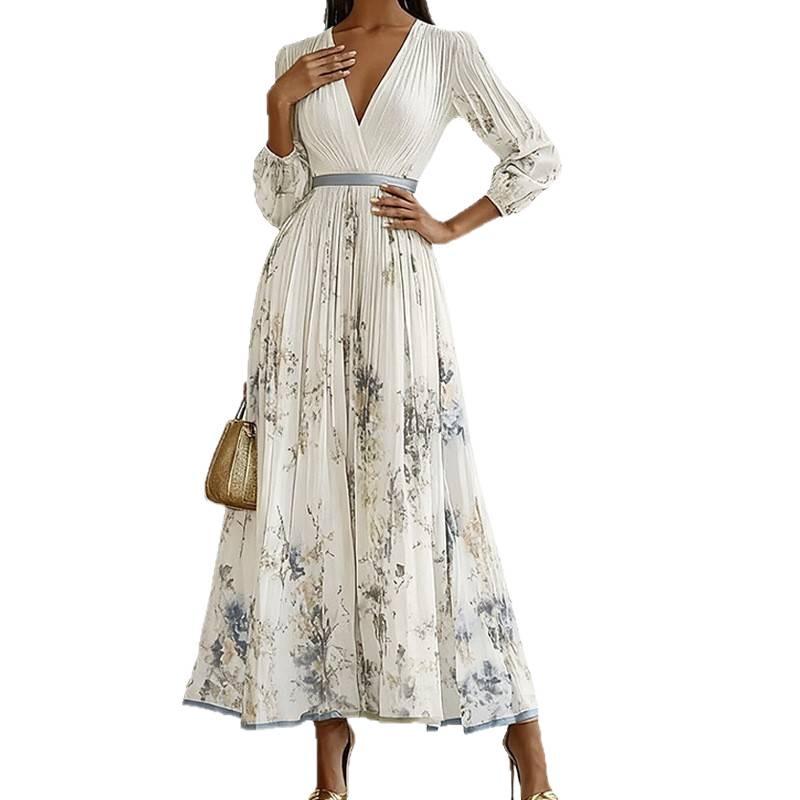 Spring 2026 European & American Elegant V-Neck Pleated Printed Slim-Fit Long Dress for Women