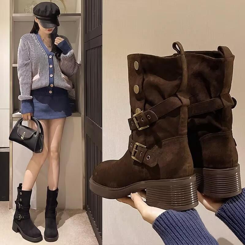 

Maillard ретро толстый каблук ботинки Мартин женские 2025 осень и зима новые высокие и тонкие ремешки с пряжками западные ковбойские короткие ботинки 40 коричневый