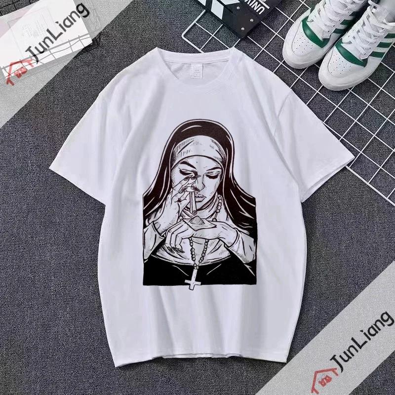 Smoking and Drinking Nuns Religious T-shirt, Cute Unisex T-shirt Short Sleeved Summer Crew-neck Plus Size Breathable Clothing