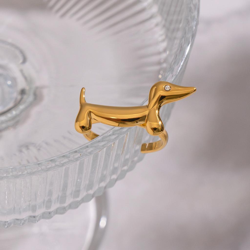Stainless Steel Dachshund Dog and Cat Rings White Zirconia Inlaid Open Sausage Dog Rings for Women Adjustable Animal Jewelry