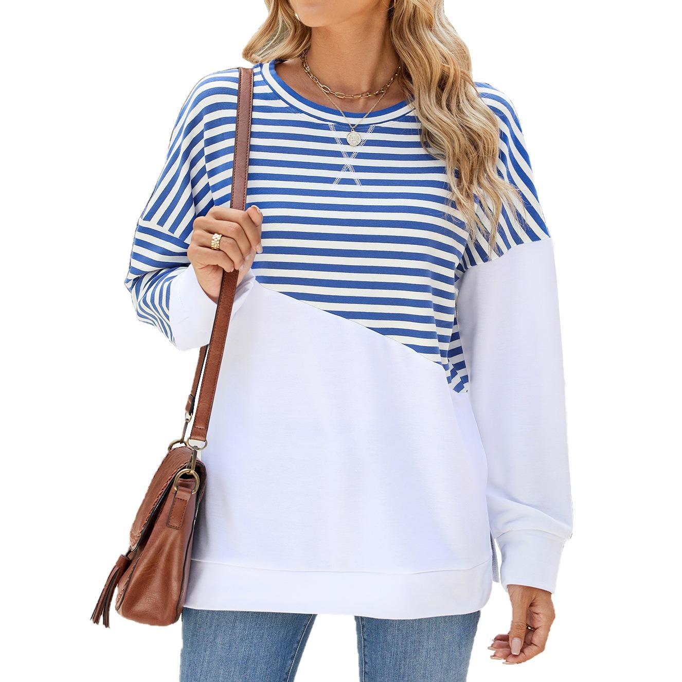 

Элегантный и модный осенне-зимний удобный круглый воротник в полоску сращивание повседневный длинный рукав толстовка топ пуловер толстовка толстовки S