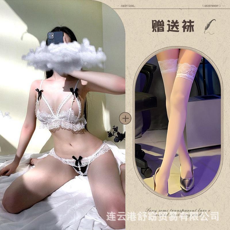 Sex underwear pearl underwear bra temptation transparent polyester women's three-point open crotch milk hair