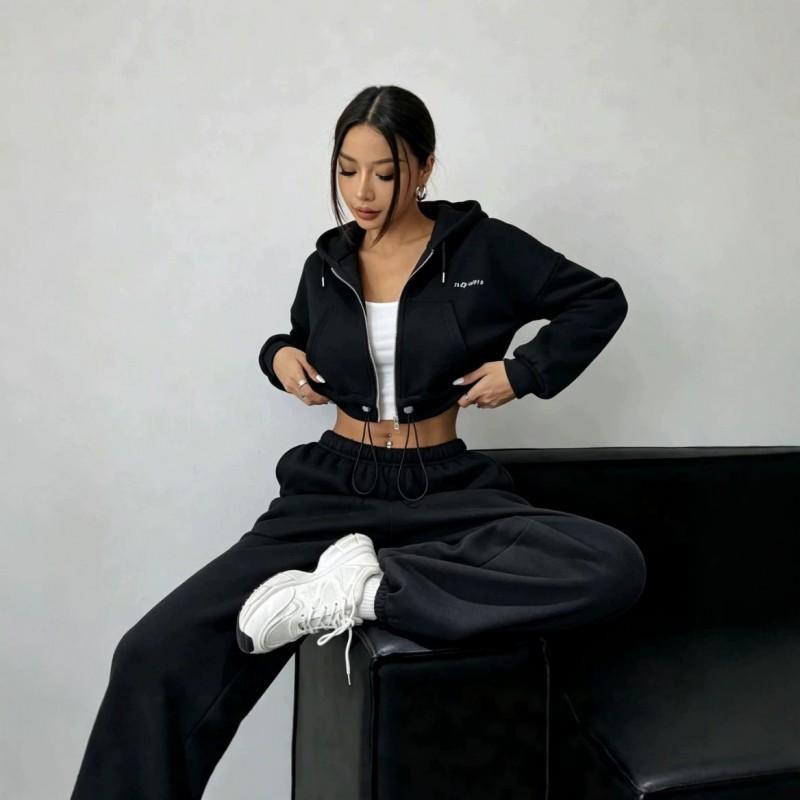 Womens Short Hooded Zip Sweatshirt Set High Waist Pants Solid Color Casual Sportswear