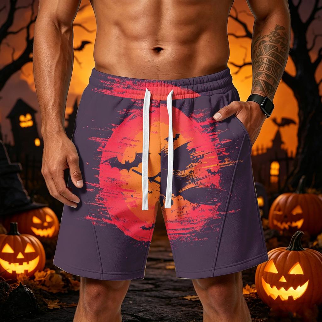 Men's Loose Fit Halloween Themed Athletic Shorts with Elastic Waistband and Multiple Pockets Casual Sportwear Bottoms for Outdoor Activities