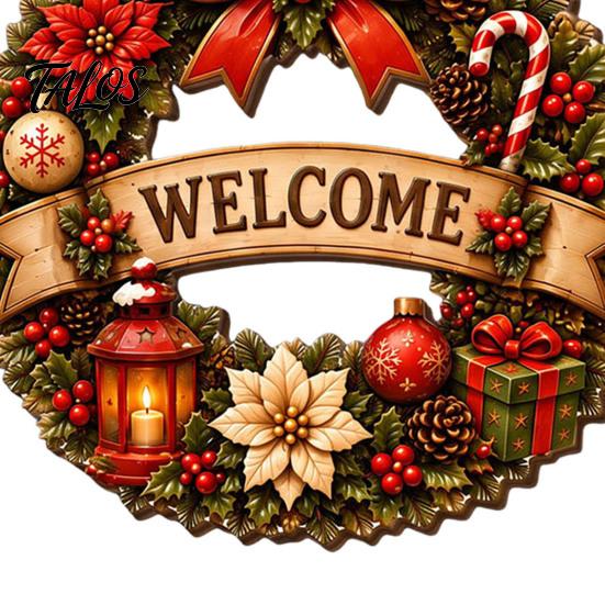 Holiday Hanging Signs Wooden Christmas Door Wreath for Front Door, Vintage Merry Welcome Sign, Rustic Farmhouse Decor 2D Flat Hanger Indoor
