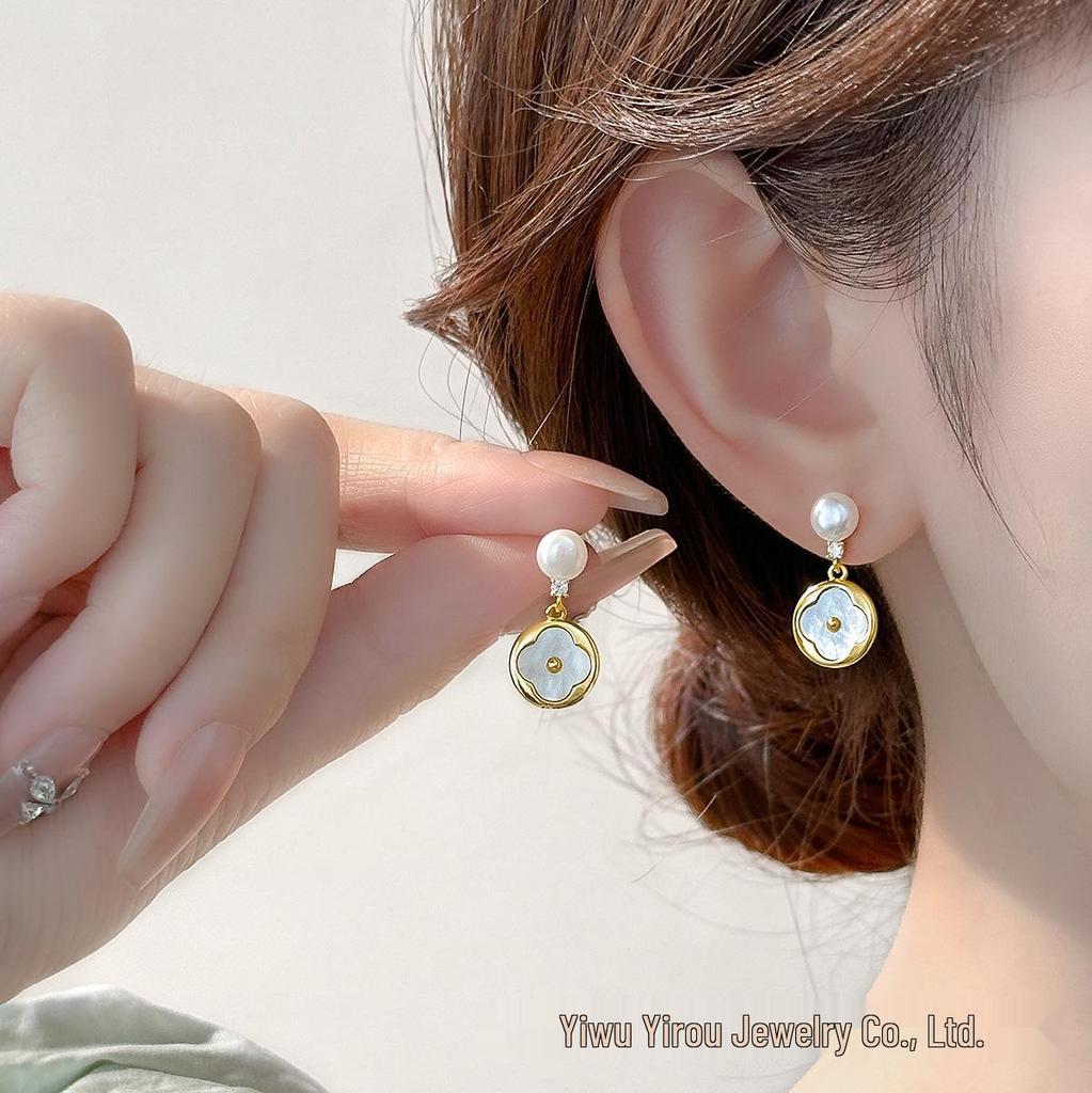 Sterling Silver Clover Stud Earrings with Freshwater Pearls and Mother-of-Pearl Inlay