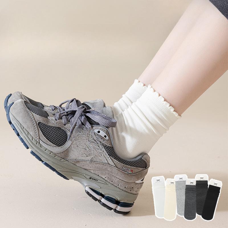 Grey Dui Dui Socks, Women's Mid-calf Cotton Socks, Summer Thin, Damp, Odor-proof, Boneless, White Black Fungus Lace Spring and Autumn Long Socks