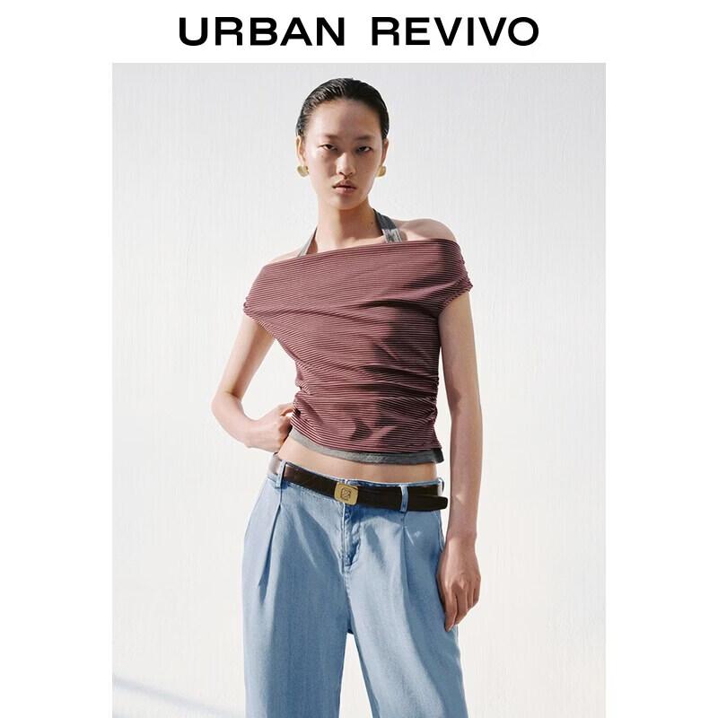 UR2026 Women s Striped Pleated Halter T-shirt XL красной полосы