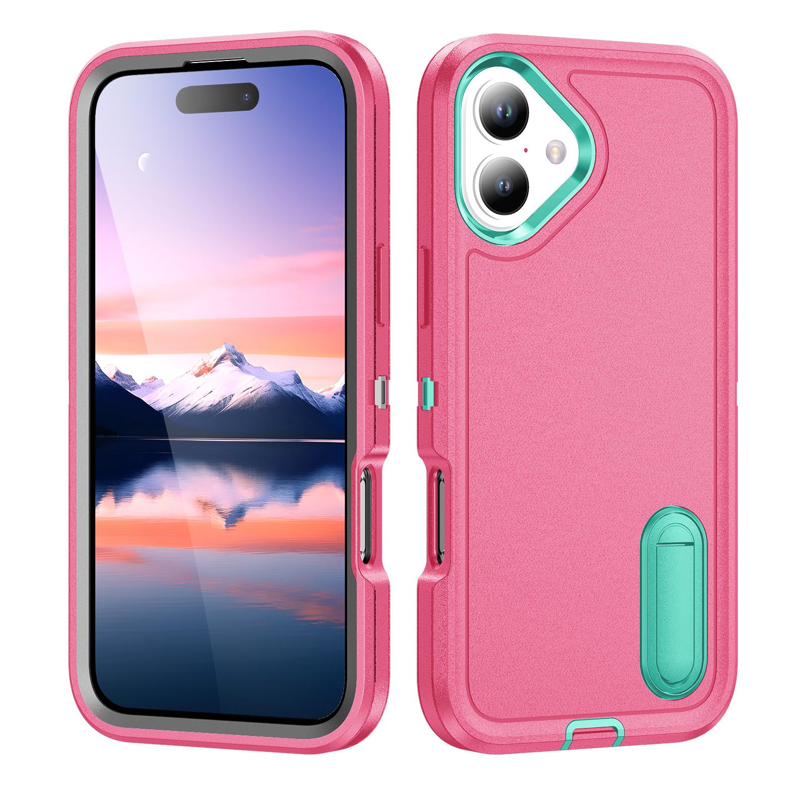 

For iPhone 17 Case Case Kickstand Phone Cover PC+Silicone+EVA 3-in-1 Design Rose+Light Cyan