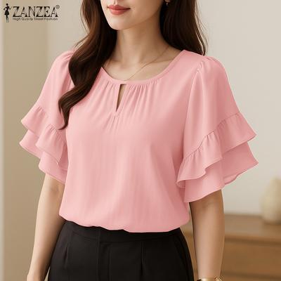 Women Casual Round Neck Ruffles Short Sleeve Loose Blouse