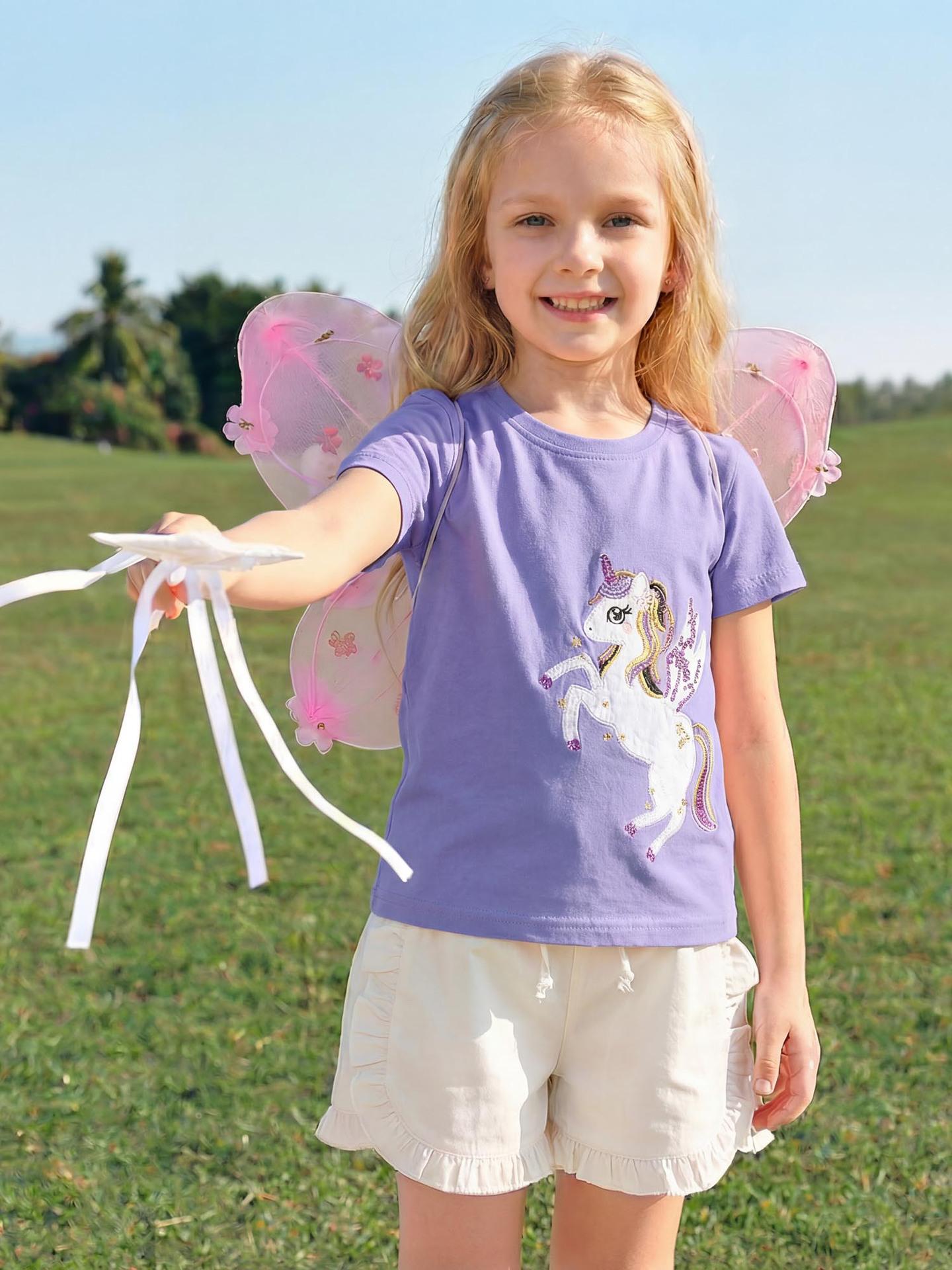 26 Summer Girls  Unicorn Embroidered Cotton Sports T-shirt - European/American Style, Round Neck, Knitted Pullover Top 110cm (5Y) фиолетовый