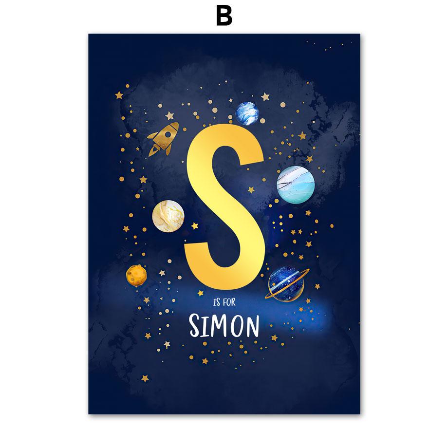 Custom Boy Name Space Rocket Astronaut Alphabet Nursery Wall Art Print Canvas Painting Nordic Poster Decor Pictures Kids Room