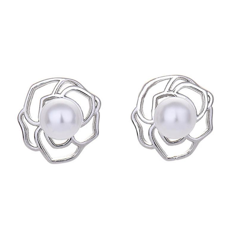 6mm White Pearl Stud Earrings for Girl Silver Needle Earring Rose Flower Pearl for Women Earring Wholesale