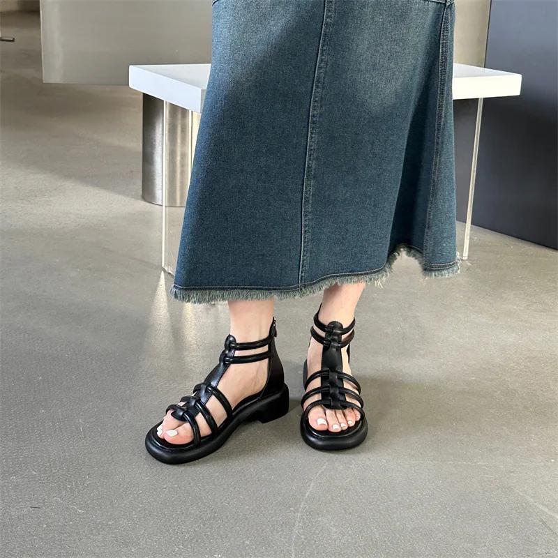 Moda Arkası Fermuarlı Düz Sandaletler Yeni Platform Çok Yönlü Kalın Topuklu Roma Kadın Sandaletleri