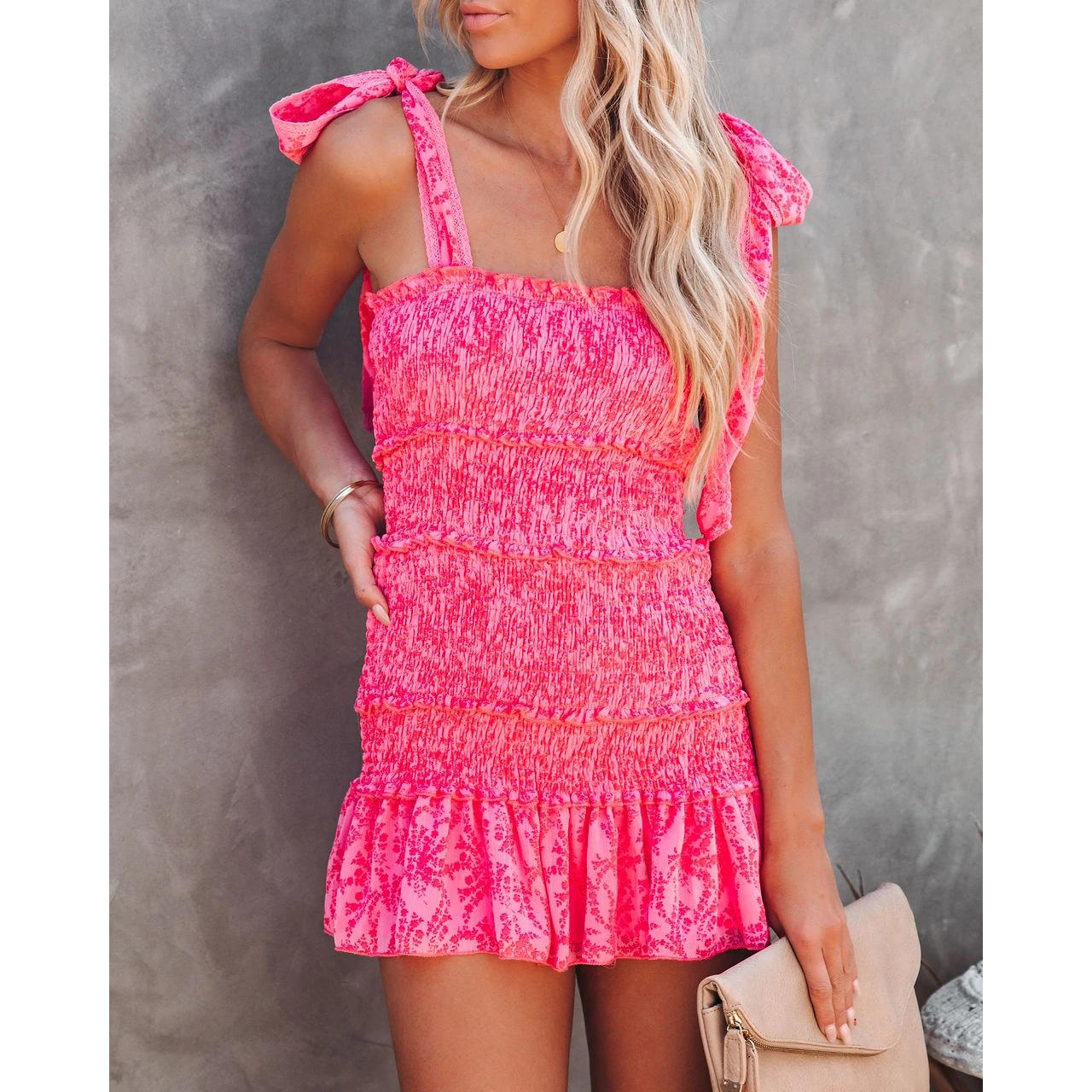 

Sexy Cami Bustier Dress INS Casual Ruffle Hem Sleeveless Tie-Waist Slim Fit Dress Women s Floral Spaghetti Strap Square Neck Ruffle Tie Mini Smocked XL червоний