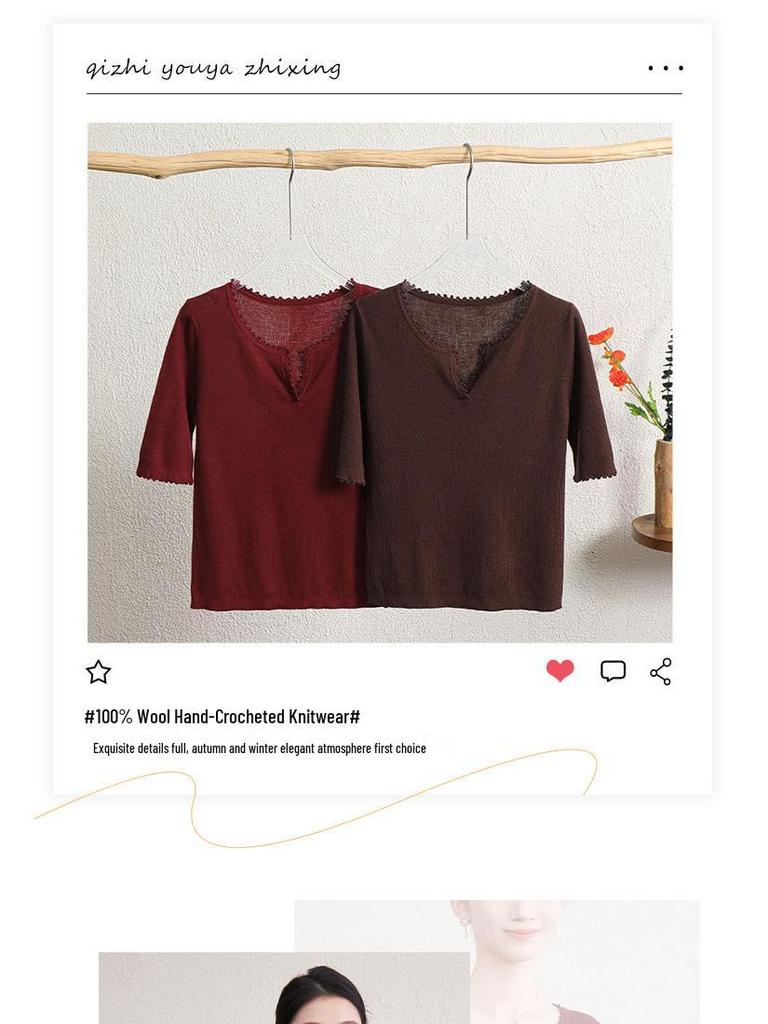 New Autumn Slim Fit V-Neck Five-Sleeve Hand-Crocheted Wool Sweater