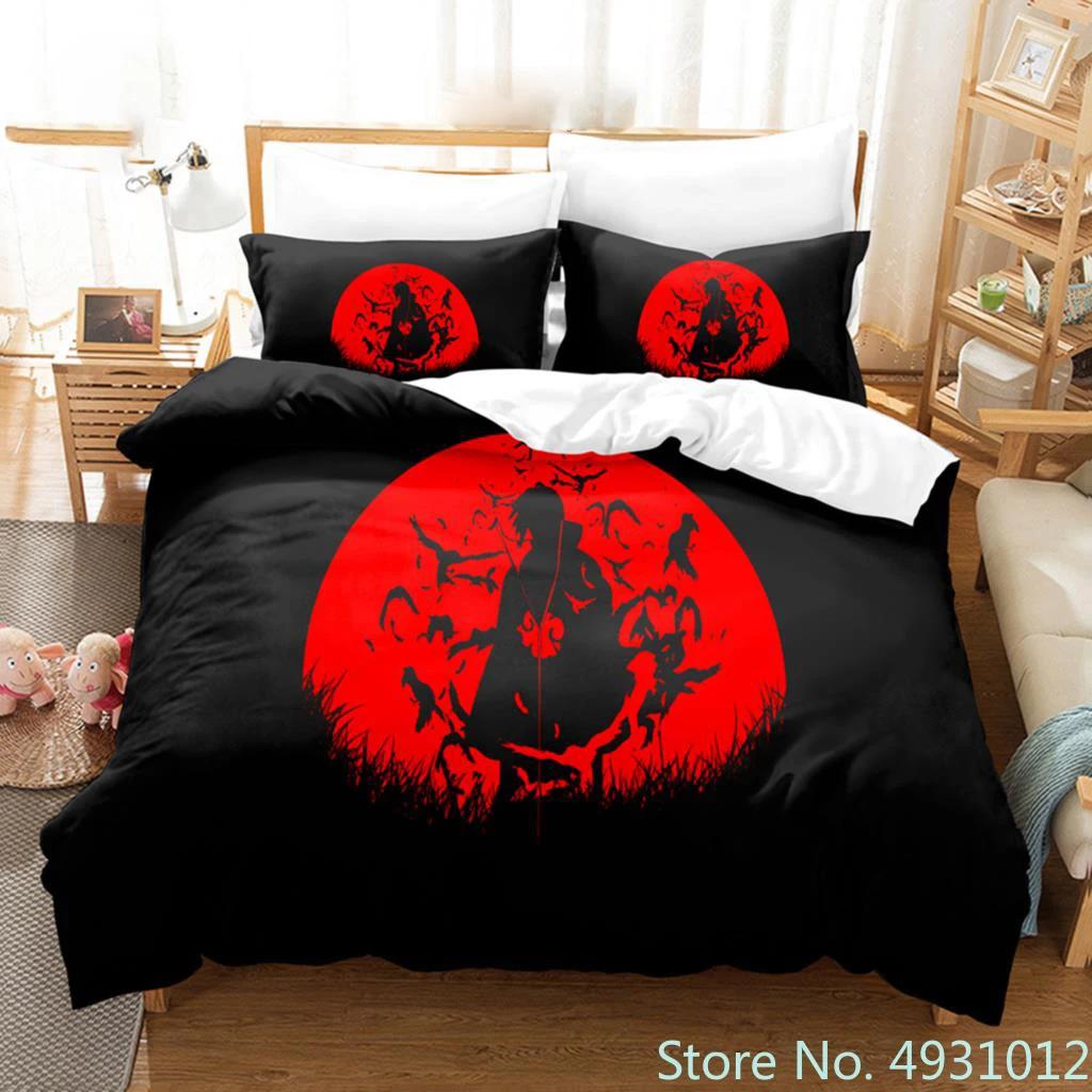 Anime Uchiha N-Naruto Uzumaki Red Cloud Bedding Sets Household Quilt Duvet Cover Itachi Home Textile Bed Suit Children Kids Gift