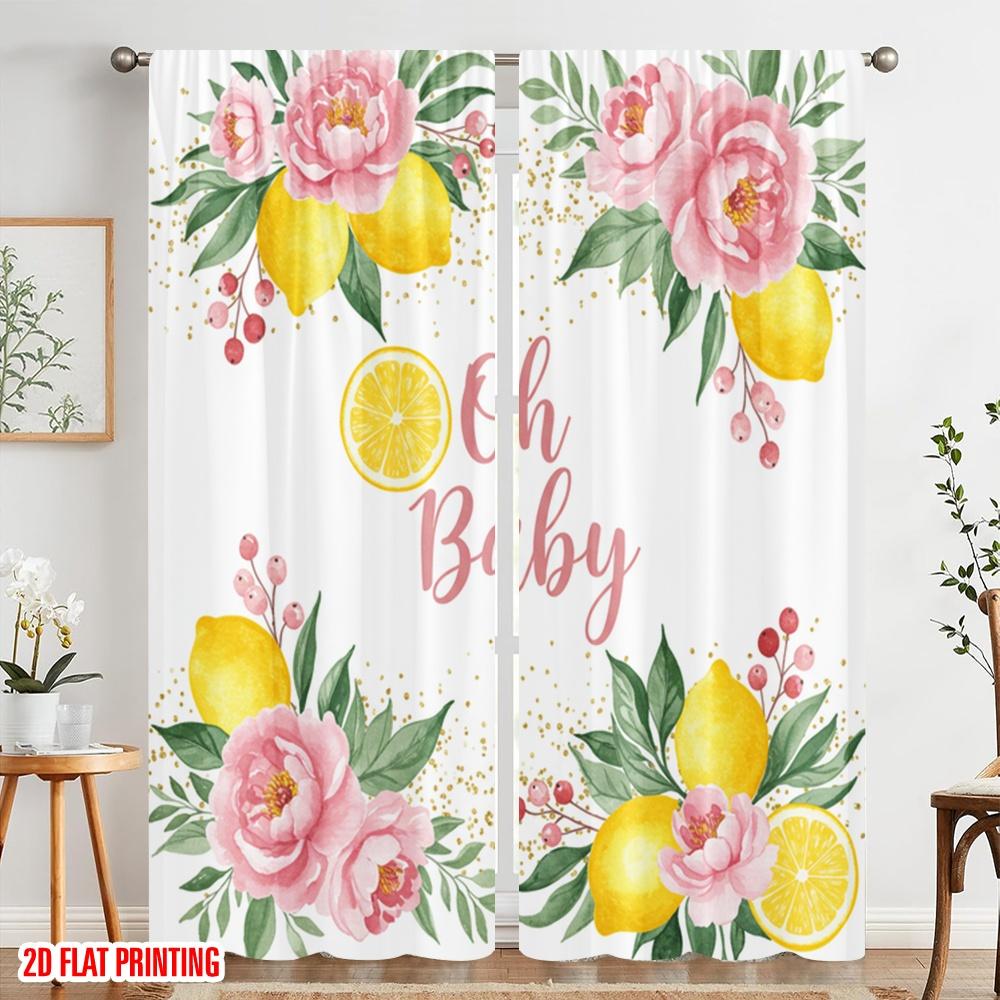 2pcs 2D flat printing Window Treatment Curtains Oh Baby Lemon Flowers Fabric Without Electricity Family Party Perfect for Home