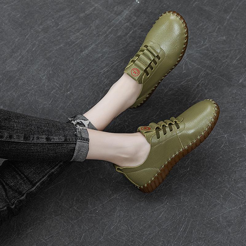 Top layer cowhide sewn bag shoes, soft soled soft top casual shoes for women, easy to wear on one foot, retro mom single shoes