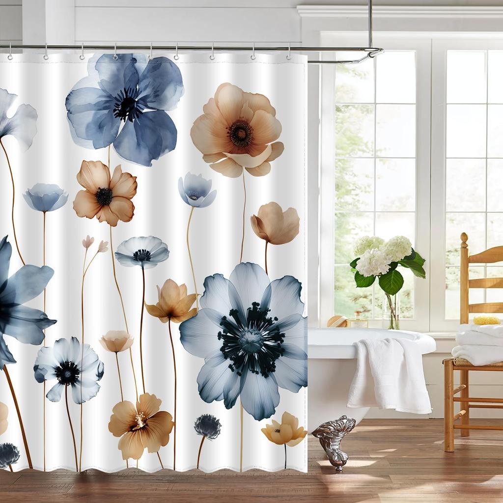 Elegant Blue & Brown Flower Waterproof Bathroom Curtain, Mildew Resistant, Fashionable Design for Home Decor,Fits Various Styles